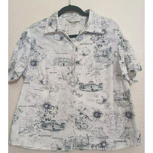 Allison Daley TRAVEL Graphic Glitter Black White Print Button Down Shirt Spain